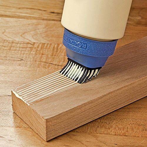 Rockler offers a wood glue applicator set with an 8oz bottle featuring a glue spout, red cap, and silicone brush for precise application. Their silicone glue applicator kit includes a glue brush, glue
