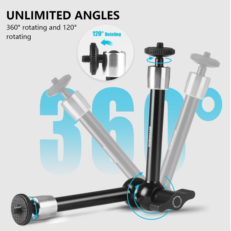 9.8" Adjustable Magic Arm with 1/4", Clamp with 1/4" and 3/8", Magic Arm Camera Mount for Photography, Video Recording, LCD Monitor, LED Lights, Microphone