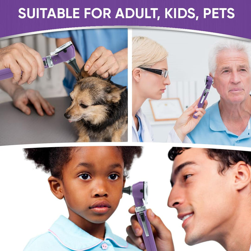 Otoscope with Light, Fibre Optic Ear Scope for Kids & Adults, 3X Zoom Magnifying Glass, LED Ear Infection Checker with 10 Disposable Specula, Nylon Case, 6 Colors Medical Grade(Purple Color) Purple