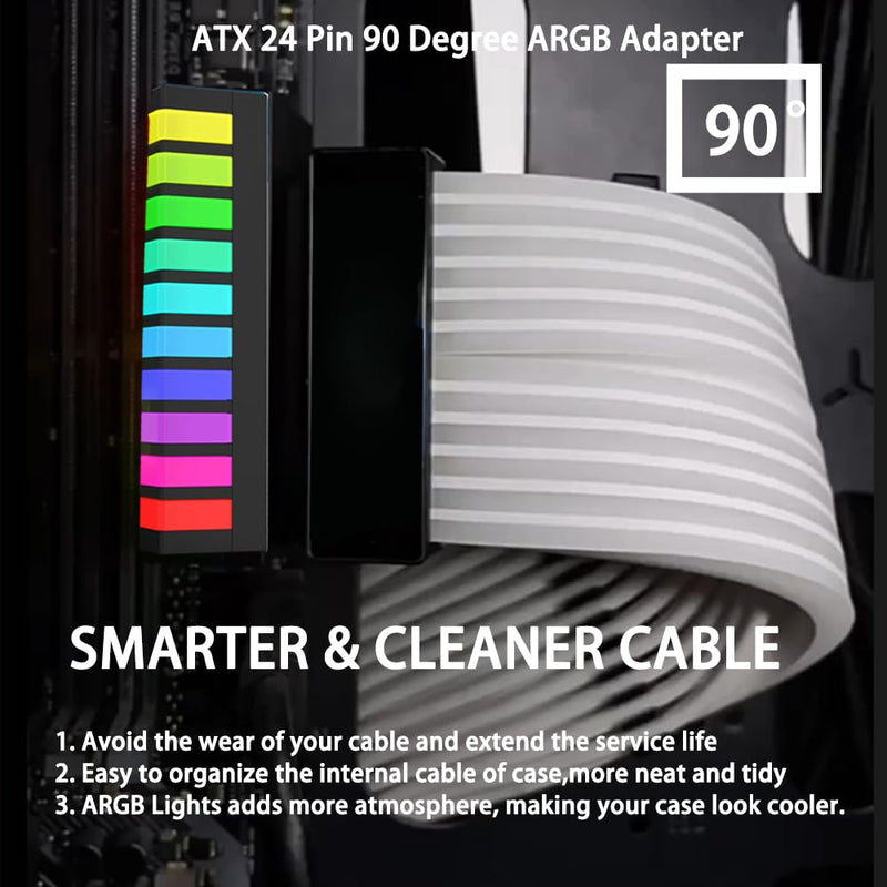 ATX 24 Pin 90 Degree Adapter, 5V 3PIN ARGB RGB 24Pin Right Angle ATX Female to Male Power Supply Adapter for 24PIN Motherboard (Black)