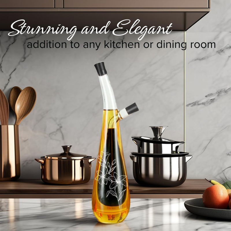 Oil and Vinegar Dispenser Bottle - Handblown Glass with Elegant Floral Etched Design - Premium Glass Salad Dressing Bottle - Olive Oil and Vinegar Dispenser Set - 12 oz
