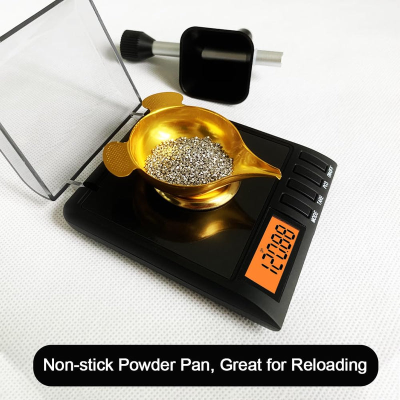 Reloading Scale with Powder Trickler, 750 Grains x 0.02 gn, Metal Powder Pan and Handy Scoop, Milligram Scale for Powders, 50g x 0.001g, 6 Weighing Units Black
