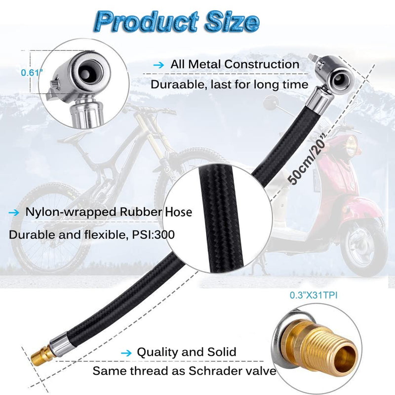 50cm 20inches Ultra-Long Tire Inflator Hose Adapter, Thumb Press Locking Tire Chuck, Fast Inflation, Quick Release and Connect, Universal for Cars, Motorcycles and Bicycles, 1pc. 20