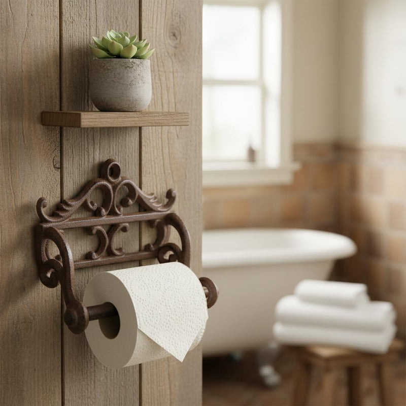 Comfy Hour French Scroll Decorative Cast Iron Toilet Paper Holder, Victorian Style Wall Mounted Paper Roll Organizer, Rustic Farmhouse Home Hardware, Antique Finished Metal, Brown, 1 Piece