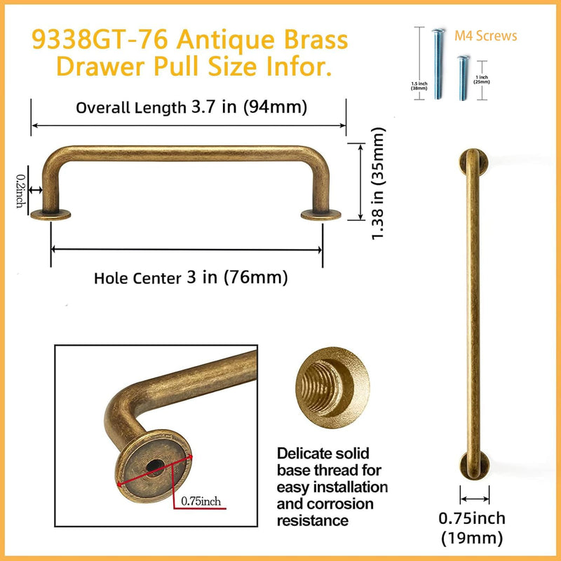 Goo-Ki 6 Pack Antique Brass Cabinet Pulls Drawer Handles, 3" c-c Vintage Bronze Retro Brass Bar Pull Handle Solid Zinc Alloy Kitchen Hardware for Cupboard 3''(76mm) Hole Center