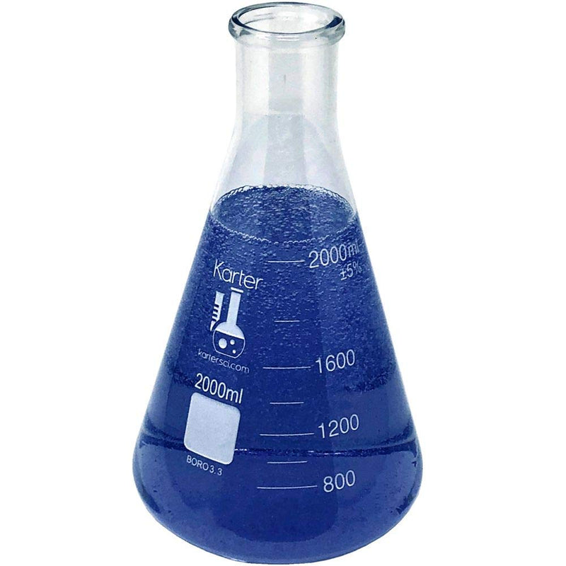 2000ml Narrow Mouth Erlenmeyer Flask with Rubber Stopper, 3.3 Borosilicate Glass, Karter Scientific (Single) 2000ML SINGLE