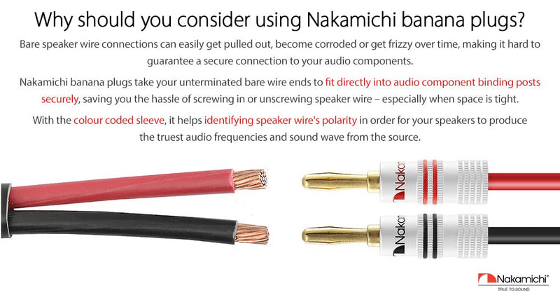 Nakamichi Excel Series 24k Gold Plated Banana Plug 12 AWG - 18 AWG Gauge Size 4mm for Speakers Amplifier Hi-Fi AV Receiver Stereo Home Theatre Audio Wire Cable Screw Connector 10 Pcs (5-Pairs) 10 Pcs (5-Pairs)