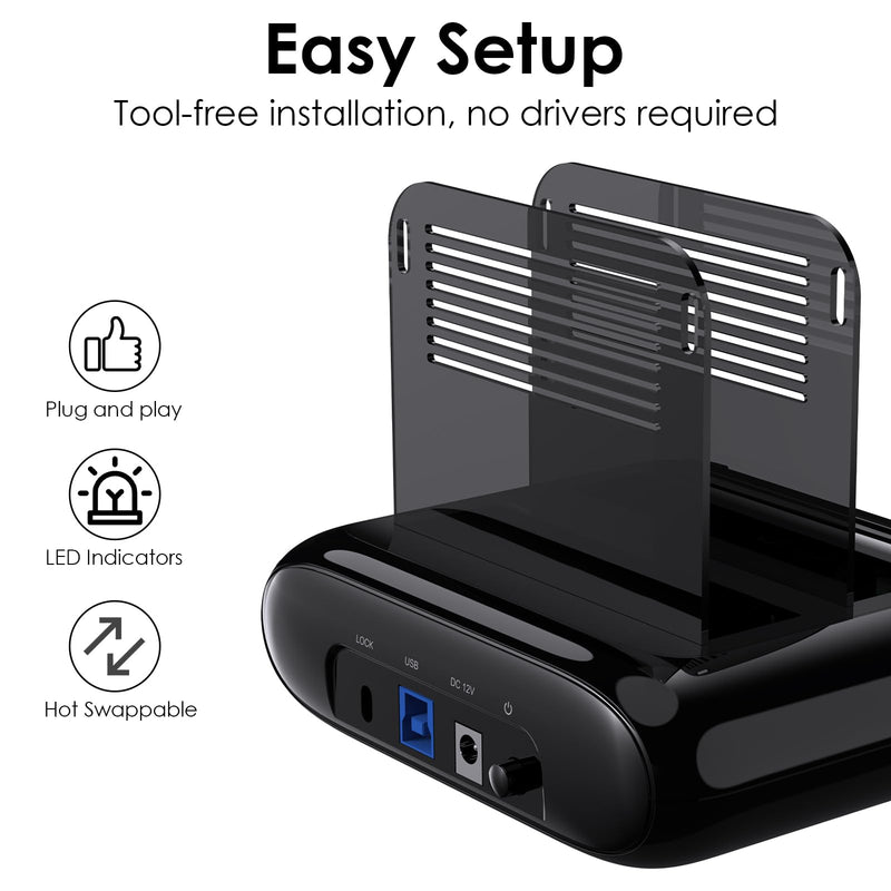 WAVLINK Dual Bay Hard Drive Docking Station - USB 3.0 to SATA I/II/III for 2.5" & 3.5" HDD/SSD with Fixed Bezel, Supports Offline Clone/Duplicator Function, Supports 2x20TB with UASP 6Gbps - Black