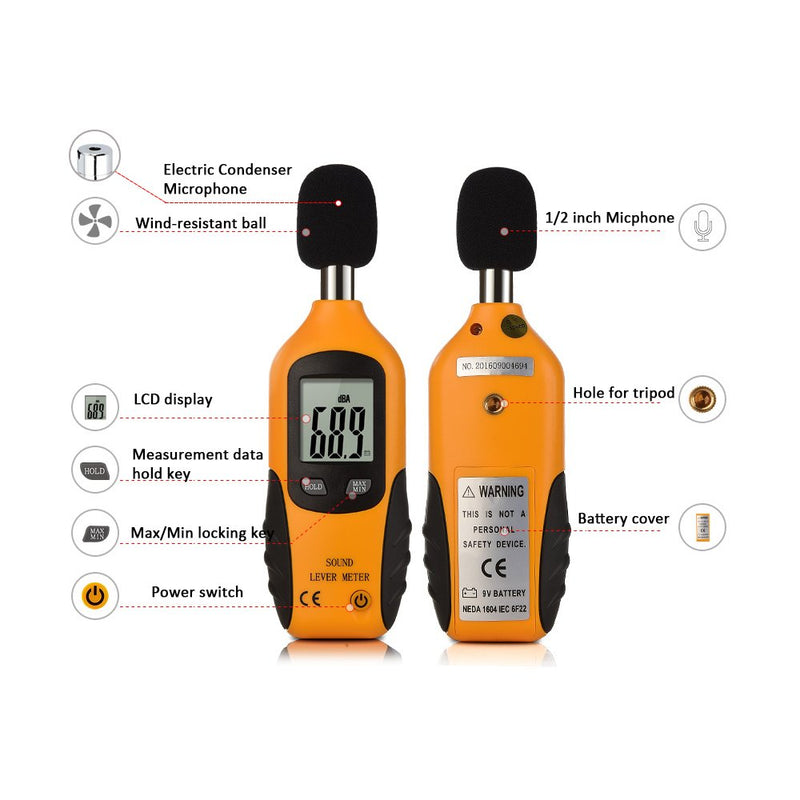 Mengshen Digital Sound Level Meter, Portable Sound Level Meter Range 30 dBA ~ 130 dBA (9V Battery Included)