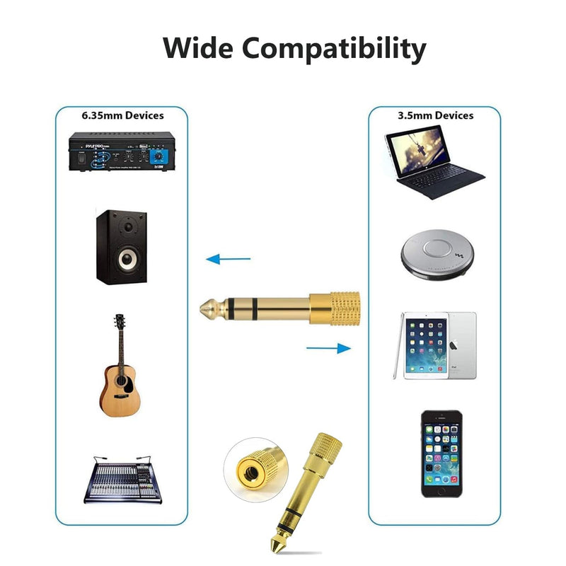 Audio Adapter 6.35mm to 3.5mm Aux: Gold Plated Stereo 1/4 Inch Male Plug to 1/8-inch Female Jack for Headphone Guitar Amp