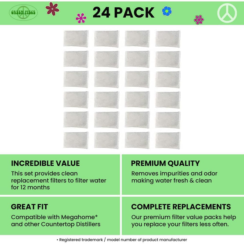 Green Piece® 24 Pack of Activated Charcoal Water Filter Replacements (MADE IN THE USA) - Perfect For Megahome and Most Countertop Water Distillers Pack of 24