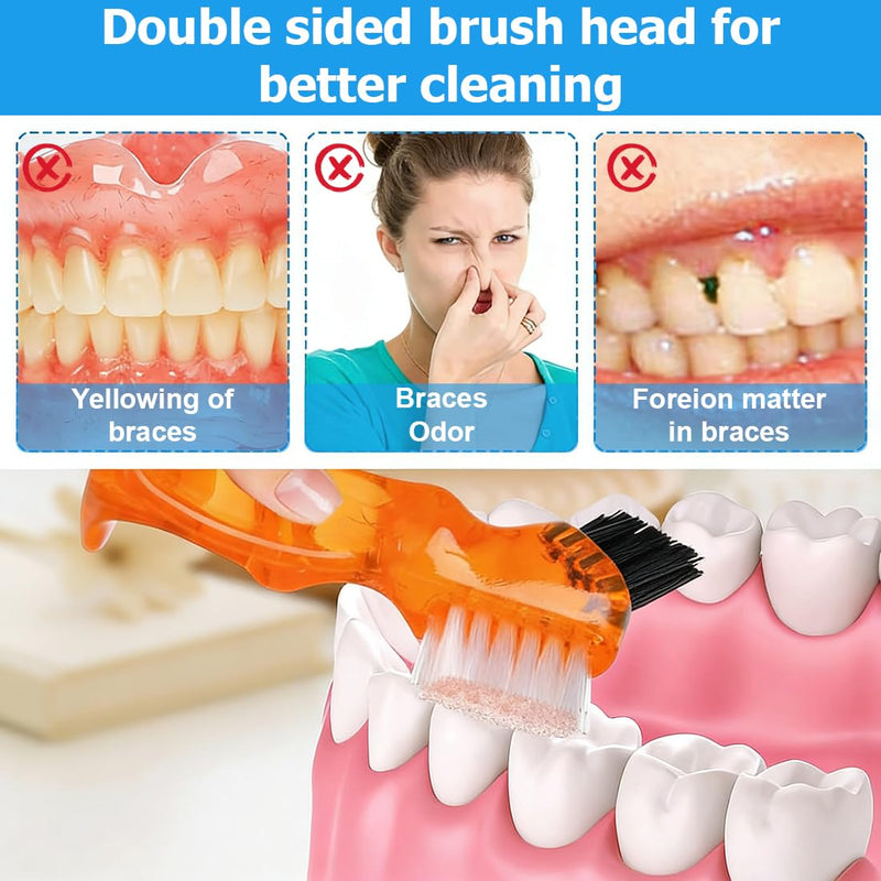 Pack of 4 Portable Denture Cleaning Brushes, Double-Sided Brush, Multi-layer Bristles, Denture Cleaning Brush, Bristles and Ergonomic Rubber Handle, for Denture Care (4 Colors)