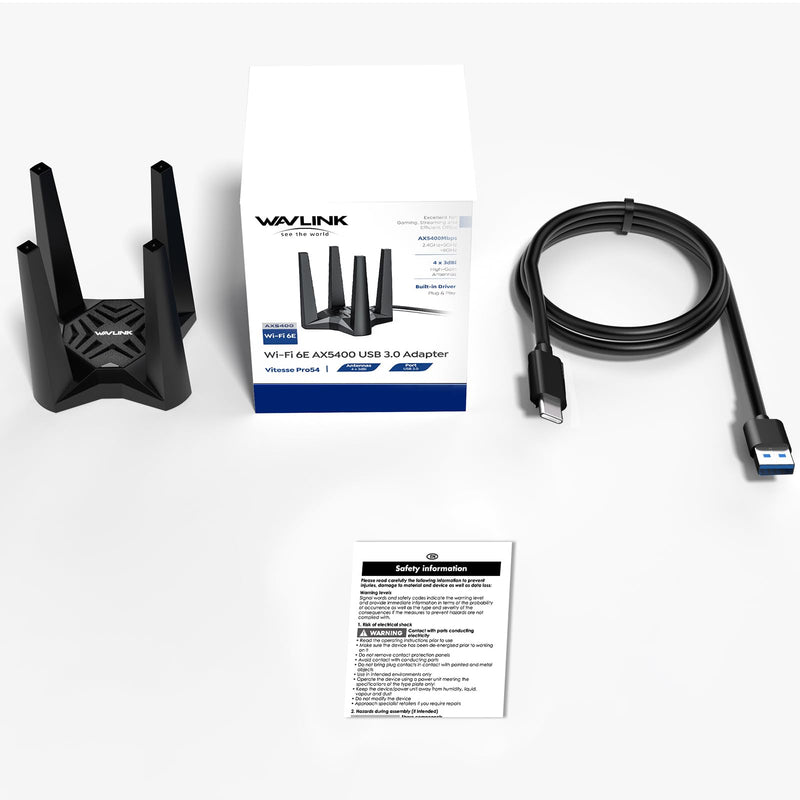 USB WiFi 6E Adapter for Desktop PC, AX5400 Triple Band Wireless Network Adapter with 2.4GHz/5GHz/6GHz High Gain Antennas, MU-MIMO, OFDMA, WPA3, Windows 10/11