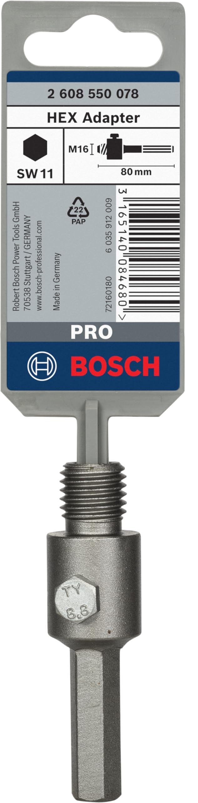 Bosch 2608550078 Hex Shank for core Cutters with M16 11 mm, 80 mm, Silver HEX - M16 Adapter