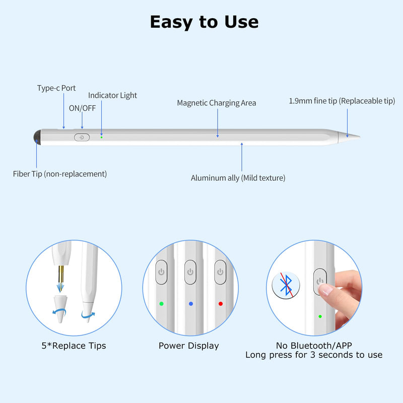 Stylus Pen for iPad, 2 in 1 Active and Capacitive Apple Pen, Fast Charge Apple iPad 10th Generation Pencil, Compatible with iPad Pro 11/12.9", iPad 6/7/8/9/10, iPad Air 3/4/5, iPad Mini 5/6 (White)