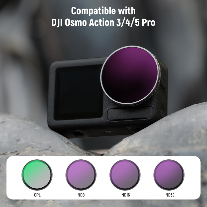 NEEWER Snap On ND Filter Set Compatible with DJI Osmo Action 3/4/5 Pro, 4 Pack ND8+ND16+ND32+CPL Neutral Density Polarizing Action Camera Accessories, Multicoated HD Optical Glass, FL-A76 CPL/ND8/ND16/ND32