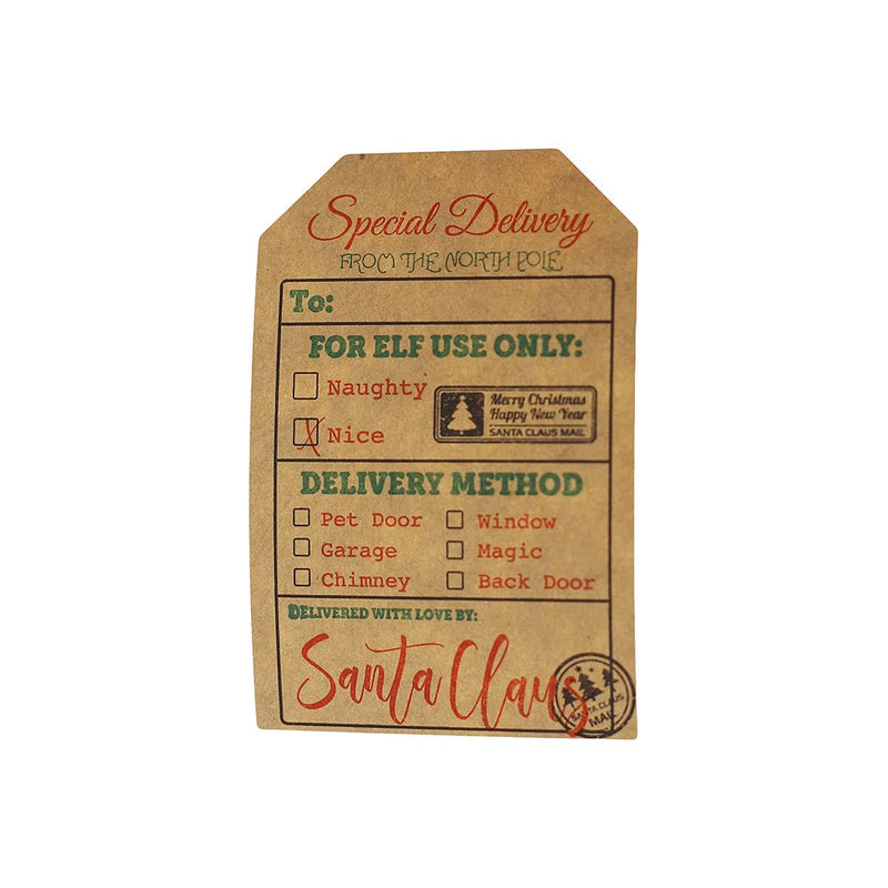 Santa's Delivery Christmas Gift Tag Stickers – 2 x 3 Inch Natural Kraft Holiday Labels – 100 Adhesive Gift Tags with Permanent Adhesive – Eco-Friendly Print, Made in the USA