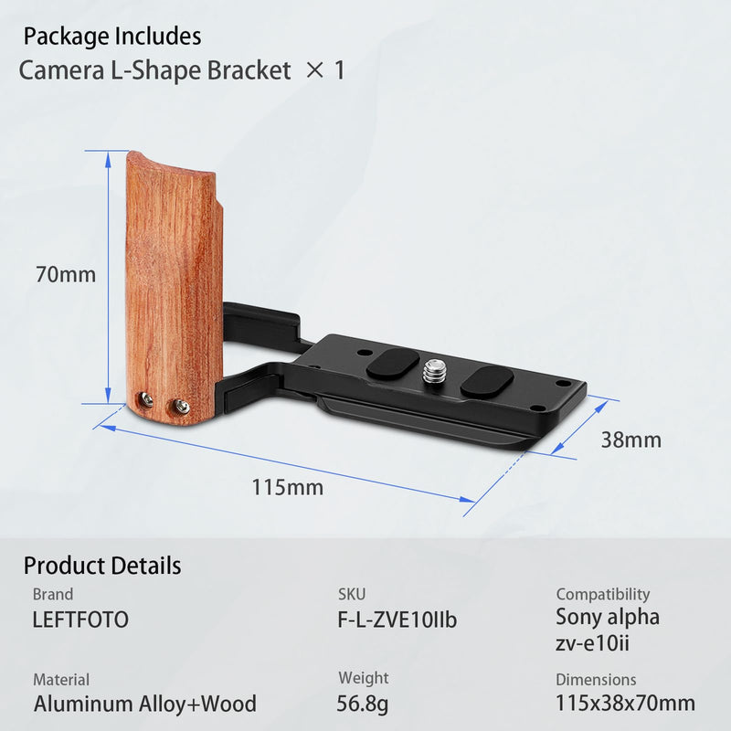 Leftfoto ZV-E10II Handgrip L-Shape Bracket with Rose Wooden Grip for Sony Alpha ZV-E10II Camera with Built-in Bottom Arca Quick Release Plate,Black Black