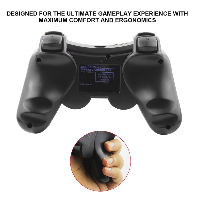 Diswoe Controllers for PS-3, Wireless PS-3 Controller 2 Pack, Bluetooth Gamepad Joystick, Double Vibrating Controller for Play_station 3 with 2 USB Charging Cables Thump Grips, Black Black+Black