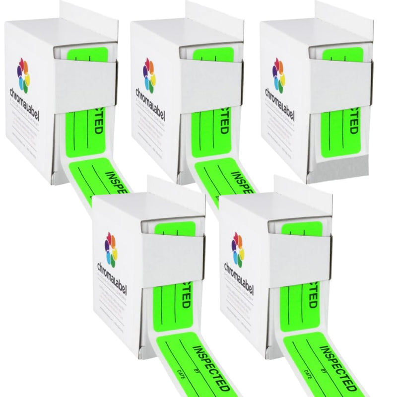 ChromaLabel 1 x 2.25 Inch Inspection Stickers for Inventory Management, Imprinted Inspected by Stickers, Fluorescent Green, 200 per Dispenser Box - Case of 5 1" x 2-1/4" Pack of 5
