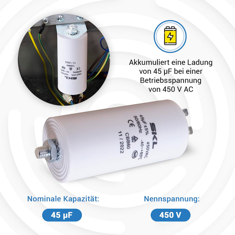 VIOKS Capacitor CBB60 Motor Capacitor 45µF 450V Universal Starting Capacitor Capacitor Motor with 6.3mm AMP plug-in tabs and M8 mounting screw for electrical household appliances 45.00 µF