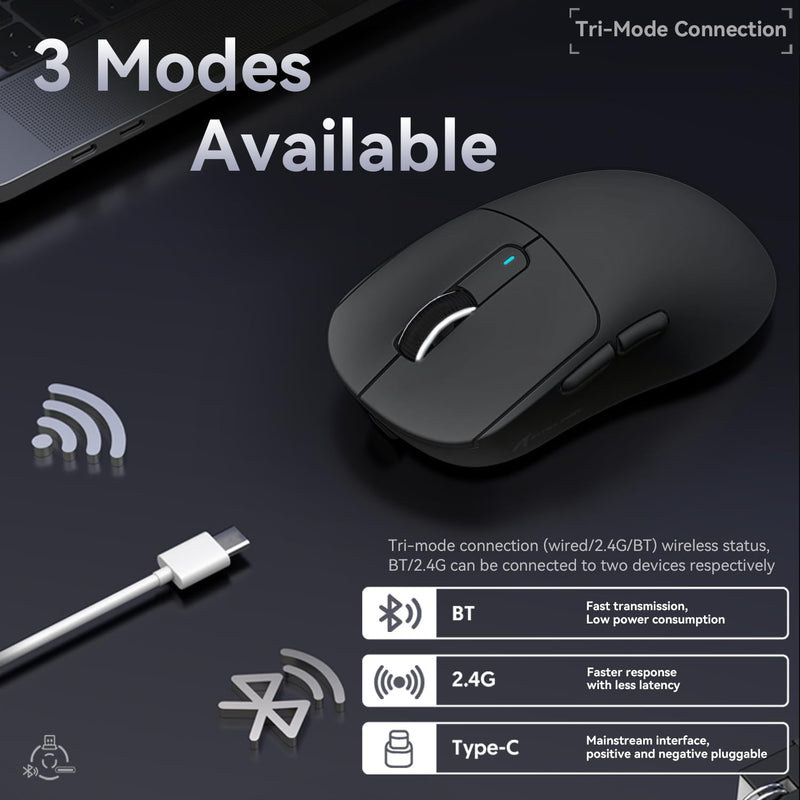 x Attack Shark X3 Wireless Gaming Mouse, 49g Ultralight, PixArt PAW3395 26000 DPI, Bluetooth/2.4Ghz /Wired Tri-Mode, 200Hrs Rechargeable Battery, Kailh GM8.0 Switch for PC/MAC/Win - Black