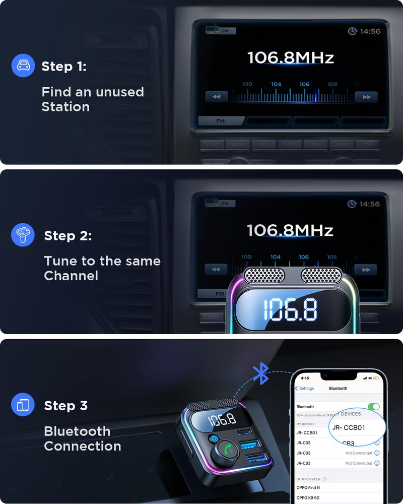 JOYROOM Bluetooth 5.3 FM Transmitter Car Adapter [Stronger Dual Mics & HiFi Deep Bass Sound] 48W PD & QC 3.0 USB C Car Charger Cigarette Lighter Adapter Hands-Free Calling Radio Support USB Drive Black Bluetooth FM Transmitter Car