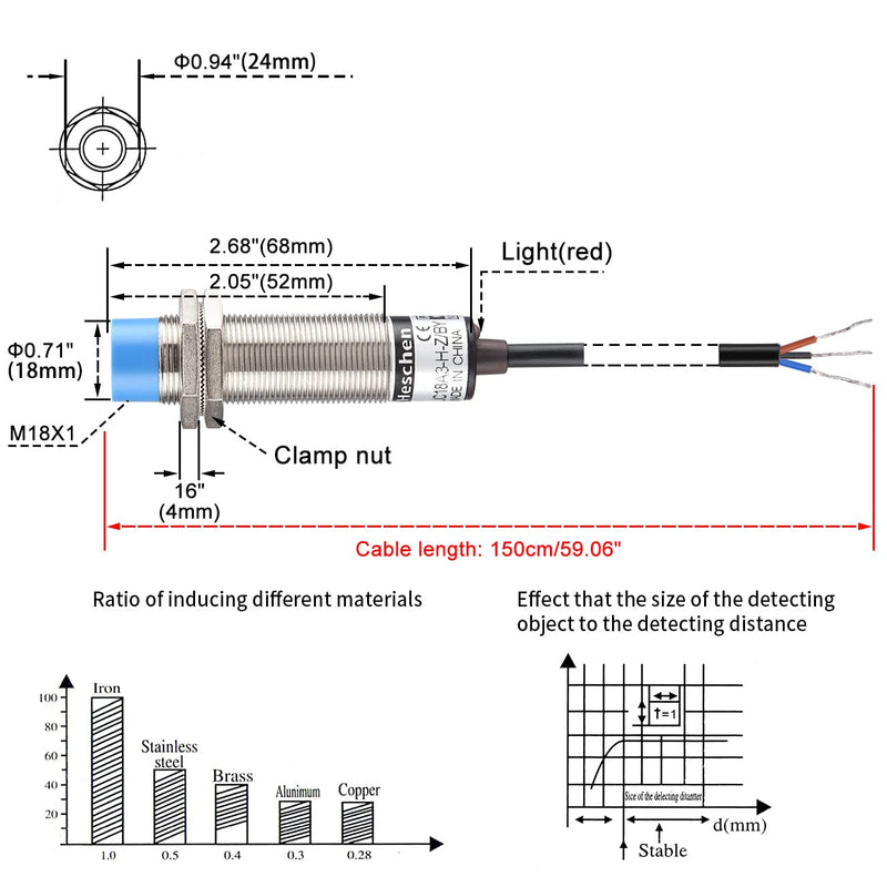 Heschen Capacitive Proximity Switch LJC18A3-HZ/BY Detector 10mm 10-30VDC 200mA PNP Normally Open (NO) 3-Wire