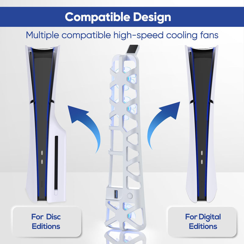 FASTSNAIL Cooling Fan for PS5 Slim Console, Quiet Cooling System with Memory Function and LED Light, Cooler Accessories with 3 High-Speed Fans & USB 3.0 Port for PlayStation 5 Slim White