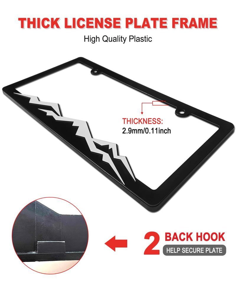 Mountain License Plate Frames- Plastic Black Car Tag Holder Bracket with Screws Caps, 2 Packs 2 Hole, White on Black, Mountain Vinyl Sticker Included