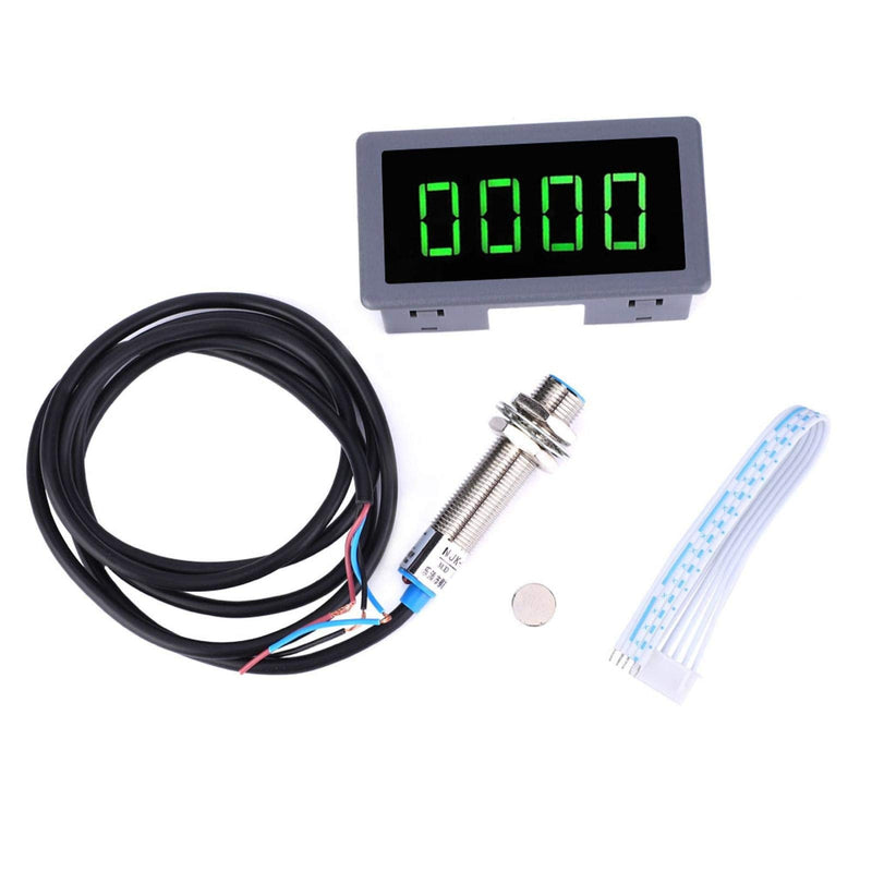 Green 4 Digit LED Engine Tachometer Hall Proximity Switch Magnetic Sensor Speed Meter + NPN Hall Proximity Switch Sensor Holder (Tachometers)