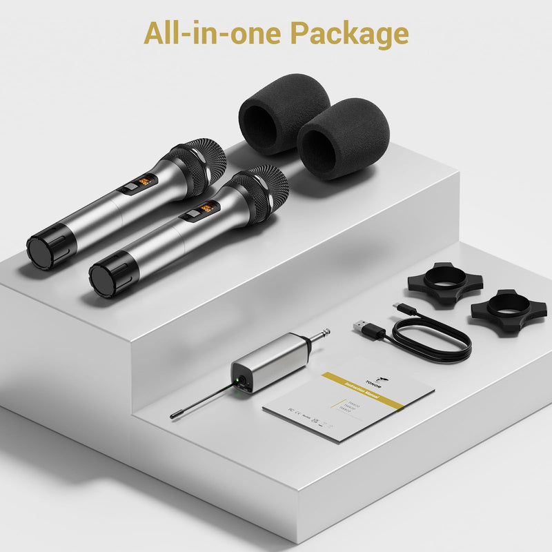 TONOR Wireless Microphones, UHF Dual Cordless Metal Dynamic Mic System with Rechargeable Receiver, for Karaoke Singing, Wedding, DJ, Party, Speech, Church, Class Use, 200ft TW630 Silver