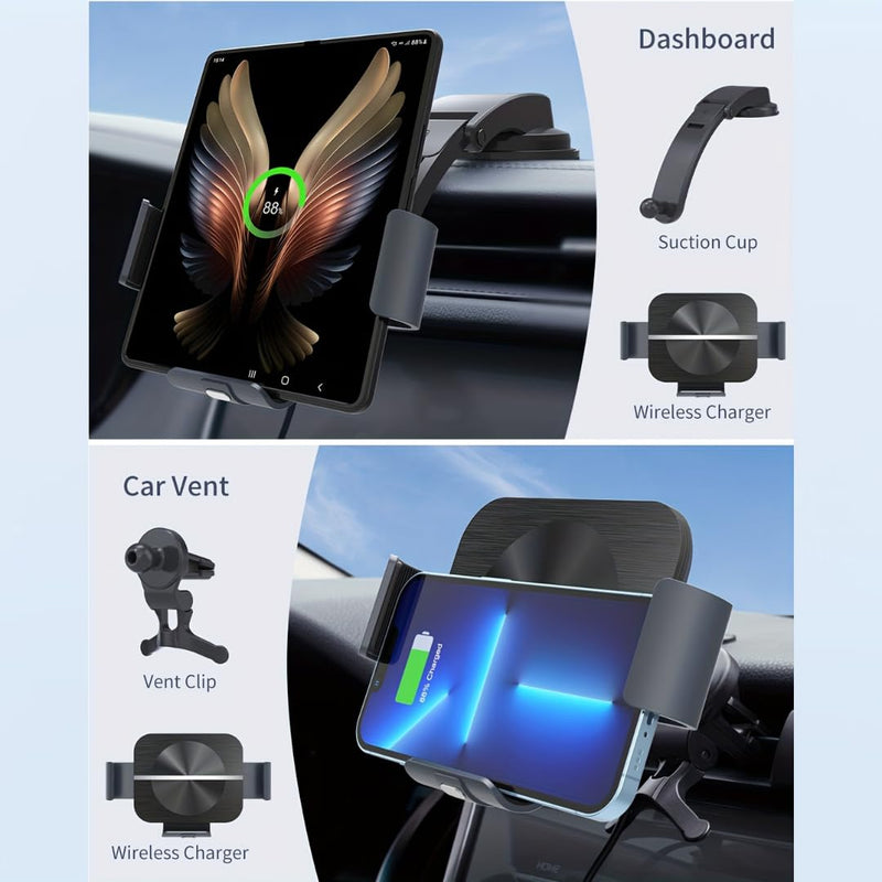 Wireless Car Charger Mount – Fast Qi 15W Charging – Dashboard & Air Vent Phone Holder – Adjustable Angle – Compatible with iPhone & Android Devices