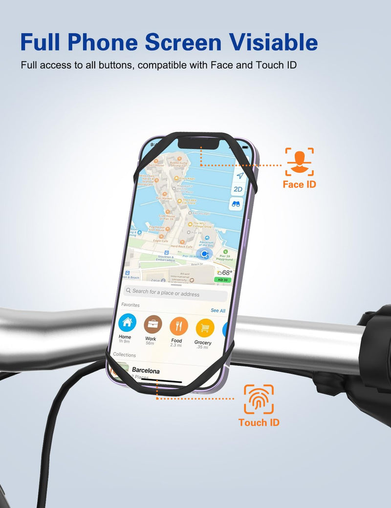 Bike Phone Holder, Motorcycle Phone Mount Cell Phone Mount- 360° Rotatable, Silicone Bicycle Phone Mount for Motorcycle Bicycle Scooter, for 15 Pro Max / 14/13, S10 and More 4.7-6.8" Phone Black