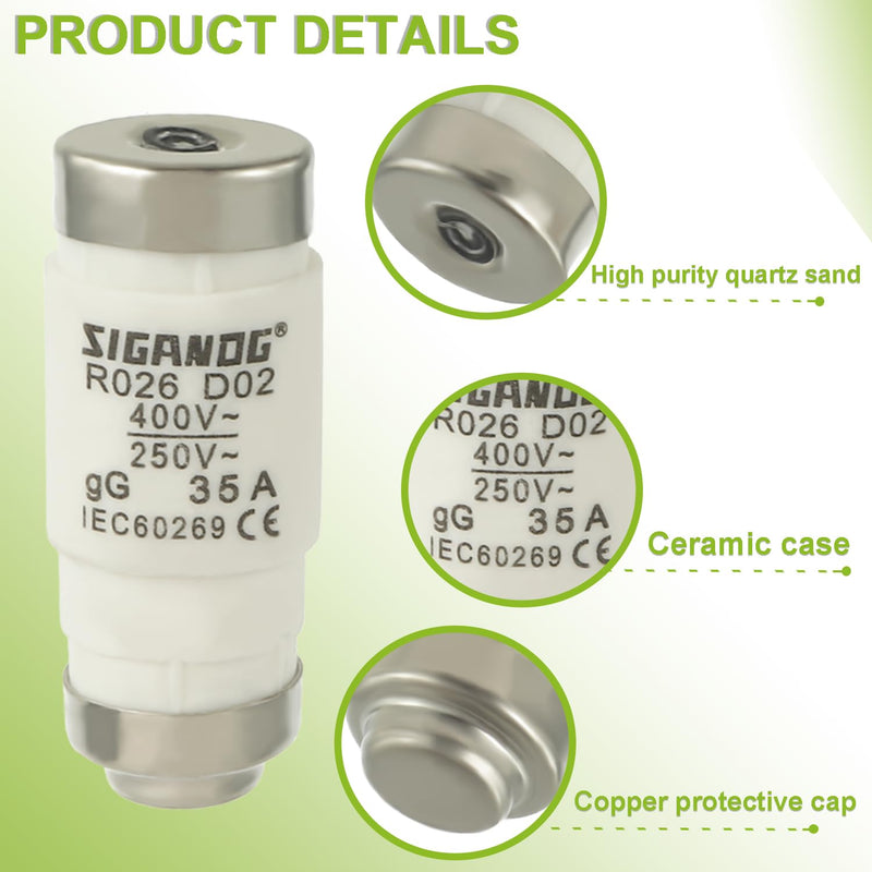 SIGANDG Neozed Fuses, D02 35A gL/gG 400VAC, D0 Type Fuse Insert (Pack of 10)