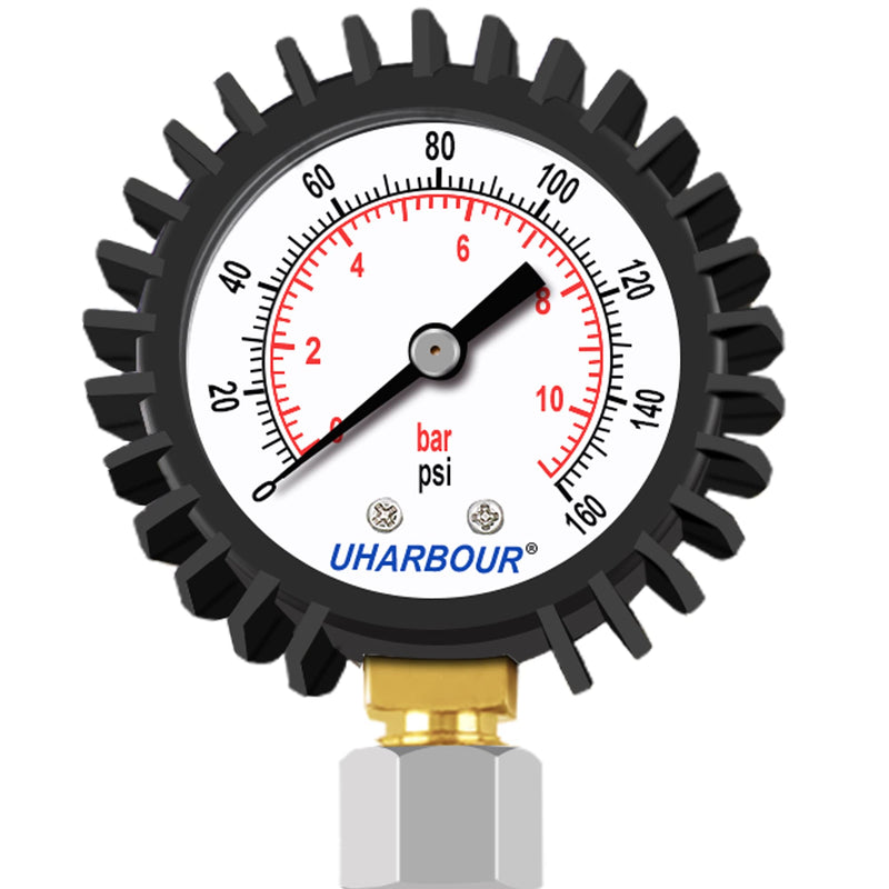 Uharbour Pressure Gauge Water Pressure Gauge 0-11Bar with 160Psi Dual Scale 3/4BSP to 1/2BSP, Buttom Mount, Water Pressure Gauge with Rubber Protection, Black 0-160PSI Bottom Mount