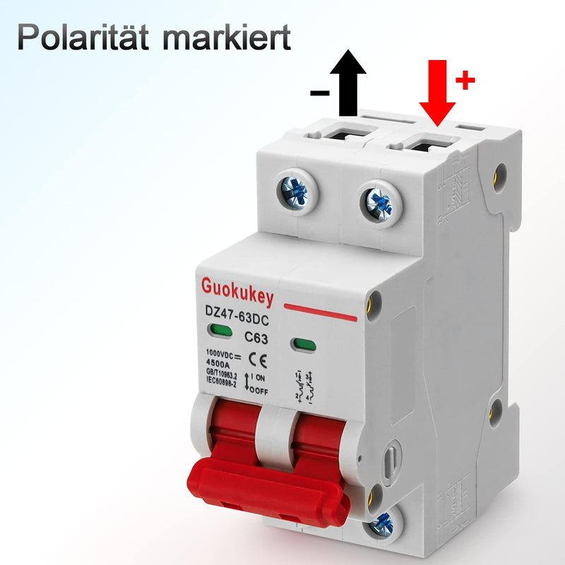 Pack of 2 PV circuit breaker DC 1000V 63A 2-pole DZ47-C63 solar circuit breaker circuit breaker protective air switch circuit breaker for photovoltaic systems