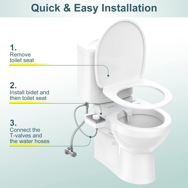 Bidet Attachment for Toilet, Ultra-Slim, Self Cleaning, Dual Nozzle, Feminine & Posterior Wash, Fresh Cold Water Sprayer, for Existing Toilets Seat, Baday Beday Badette Bedette, Silver