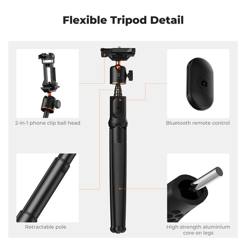 K&F CONCEPT Extendable Phone Tripod, Flexible Tripod with Remote, 3 in 1 Selfie Stick with Action Camera Adapter Flexible Legs Compatible with iPhone Samsung Canon Nikon Sony Cameras Action Camera.