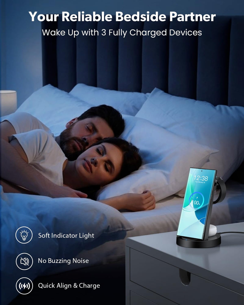 Wireless Charger for Samsung: 3 in 1 Wireless Charging Station for Samsung Galaxy Watch 6 5 4 3 Pro Classic Galaxy Buds - Charger Dock Stand for S24 Ultra S23 S22 S21 S20 Note 20 10 Z Fold Android Black