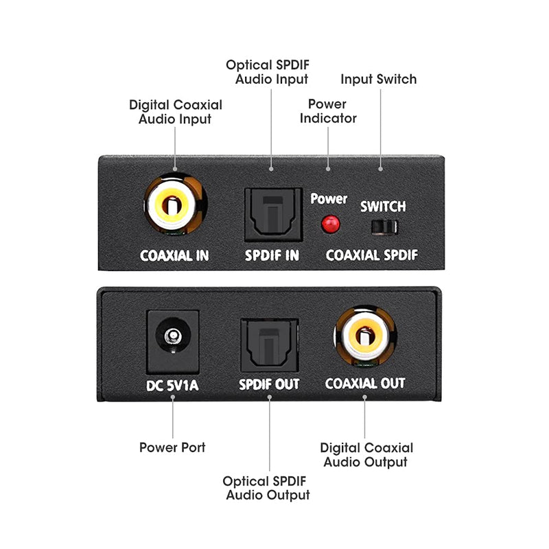 Optical-to-Coaxial or Coax-to-Optical Digital Audio Converter Adapter, Bi-Directional Digital Coaxial to/from SPDIF Optical (Toslink) Audio Converter with Fiber Optic and Coaxial Cable by ROOFULL Mini Digital Optical to/from Coaxial (+ Audio Cables)