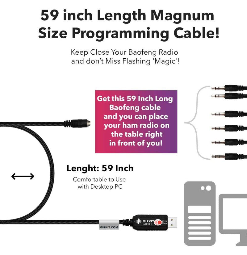 MIRKIT FTDI USB Programming Cable 6 in 1 Model 5 (59 inches Extended Length) for Flashing Ham Radios Compatible with Baofeng Radio, Motorola, Kenwood, HYT, ICOM, Yaesu, Vertex