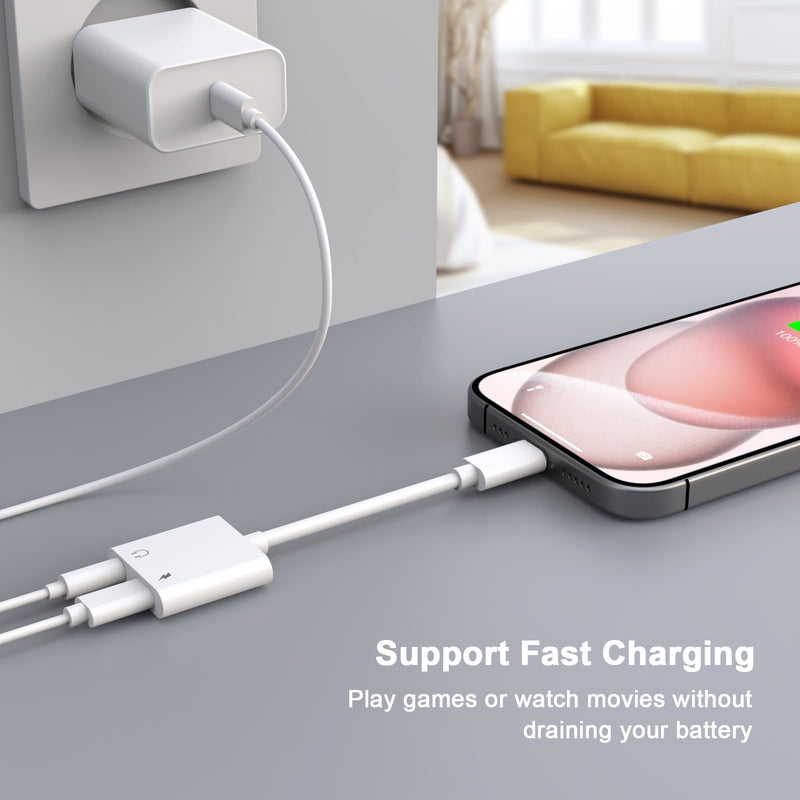 [MFi Certified] 2Pack iPhone 15 Headphone Adapter,2 in 1 USB C to 3.5mm Aux Audio Dongle +Charge Splitter Headphone Accessories Compatible with iPhone15/15Plus/15Pro/15Pro Max/Samsung Galaxy/Google White