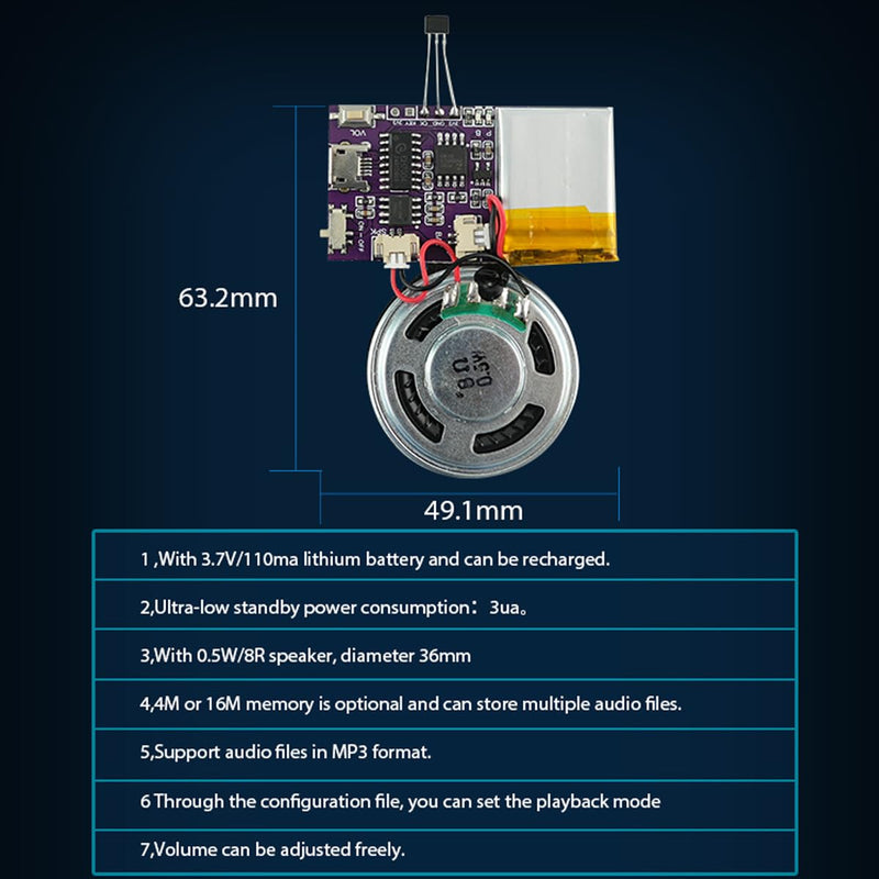 Voice Module, Magnet Sensor Control Activated MP3 Music Sound Chips, 16MB Sound Module for Crafts, Christmas, New Year Greeting Cards, Box with Speaker Lithium Battery Powered and USB Cable. JR-JX7004-Magnet Sound Module