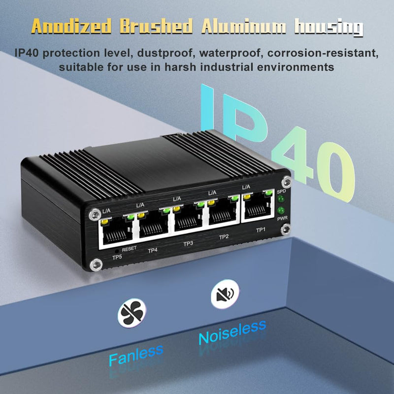 Mini Managed Industrial 5-Port Gigabit Ethernet Switch 5×10/100/1000BASE-T RJ45 Switch Support Web Management,QoS,Vlan Din Rail /Wall Mount Easy Smart Managed Network Switch Managed 5-Port Switch