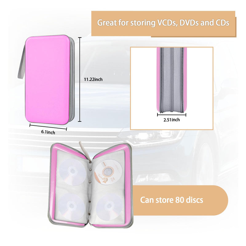 Augeny Car CD Case Holder, 80 Capacity Plastic CD Disc Storage Holder DVD Storage Wallet, Portable Zippered Vehicle CD Case Holder Organizer for Home, Car, Office, Travel (Pink) Pink