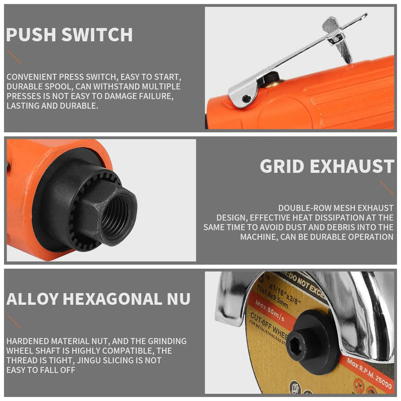 Air Cut Off Tool with 5Pcs 3-inch Die Grinder Cut-Off Wheels, Pneumatic Metal Sheet Cutting Tool, Heavy Duty Air Cutter Cut off Tool Orange Machine Set