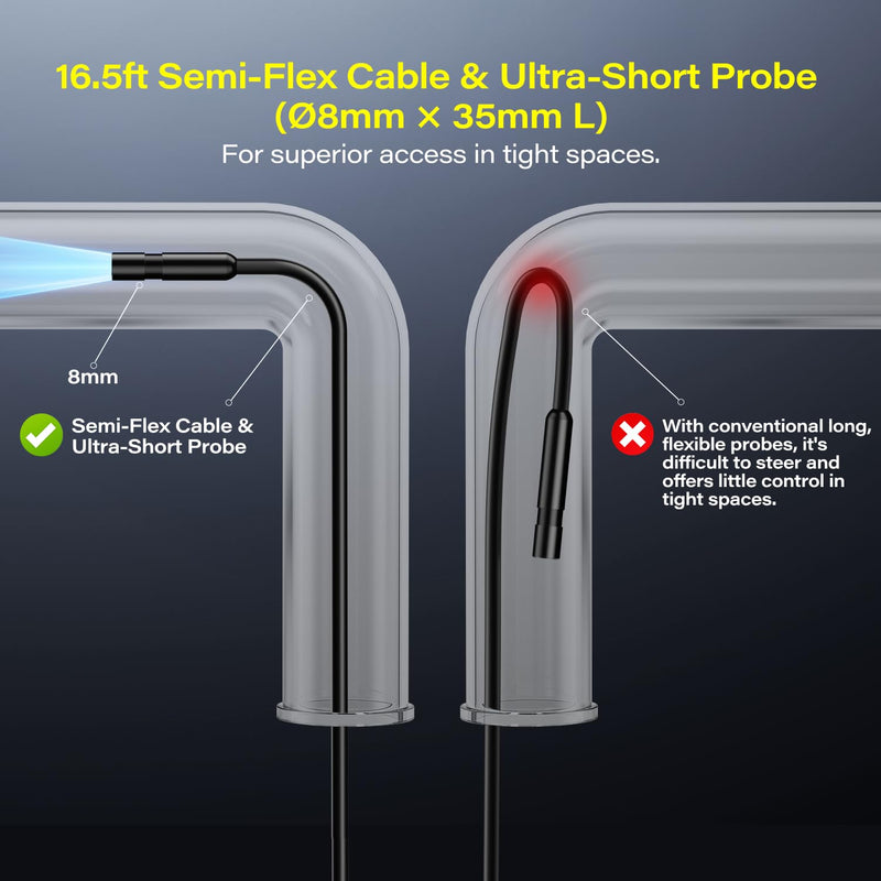 Borescope with Light, 1920P HD Endoscope Inspection Camera with 4.3" IPS Screen, 8mm Lens IP67 Waterproof with 8 LEDs, 16.5ft Semi-Rigid Snake Camera for Automotive Pipe Inspection A1