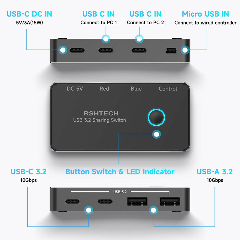 RSHTECH USB 3.2/USB C Switch 10Gbps 2 Computers Share 4 USB 3.2 Ports(2 USB-A+2 USB-C), USB Switcher Selector with 2 Cables and Controller for PC Laptop Keyboard Mouse USB 3.2 Switch