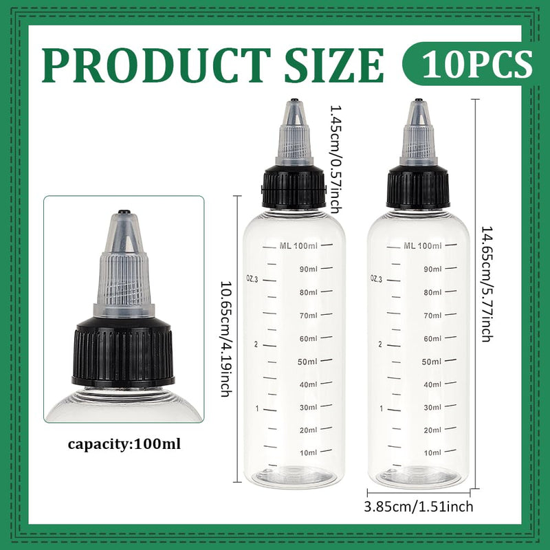 BENECREAT 10PCS 100ml/3.38 oz Transparent Plastic Squeeze Bottles with Scale and Black Twist Cap Graduated Squeeze Dispensing Bottles for Ink Liquid, Oils, Gels, Glue (Pack of 2) 3.38 oz (Pack of 2)